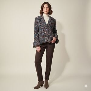 Ali Miles Brown Blue Floral Linen Blazer Jacket Bell Sleeve Size 10